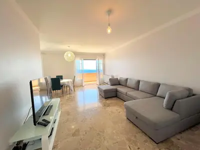 a living room with a couch and a tv at Appartement le Sicile sanguinaires Ajaccio in Ajaccio