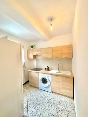 a small kitchen with a washing machine and a sink at Appartement Haut de Villa centre-ville CORTE in Corte