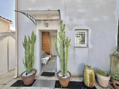 a group of cactuses in pots in front of a house at Studio Le Prunelli PORTICCIO in Porticcio
