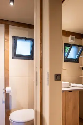 a bathroom with a toilet and two windows at BAVELLA VISTA in Zonza