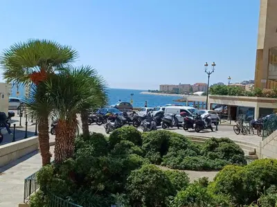 a parking lot with cars and palm trees next to the ocean at Appartement T2 Ajaccio vieille ville in Ajaccio