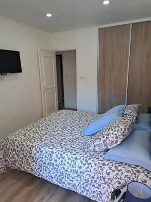 a bedroom with a large bed with blue pillows at Casa D'Amore T3 in Ajaccio