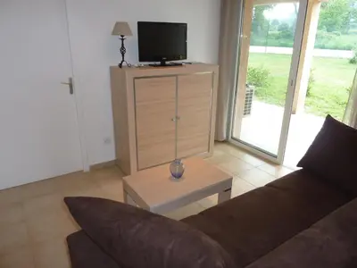 a living room with a couch and a tv at Chez Laurence et Fabien in Santa-Maria-Poggio