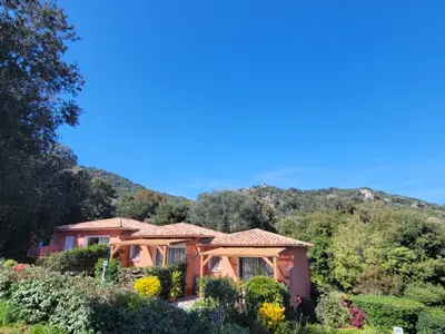 a house with a mountain in the background at A VIGNA VECCHIA - CHARMANT 3 PIECES SUD PORTO VECCHIO in Porto-Vecchio