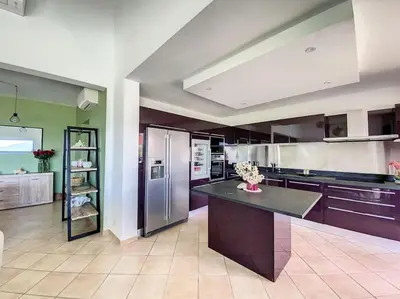 a large kitchen with purple cabinets and stainless steel appliances at Luxury Villa with Stunning Panoramic Views in Grosseto-Prugna