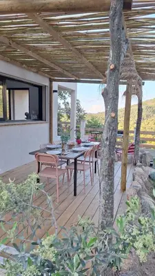 a patio with a table and chairs and a tree at VILLA I BAGHI - sans vis-à-vis au calme in Sainte-Lucie de Porto-Vecchio