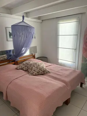 a bedroom with a bed with a pink blanket and a window at Helles freundliche Ferienhaus für Naturisten FKK auf Korsika in Linguizzetta