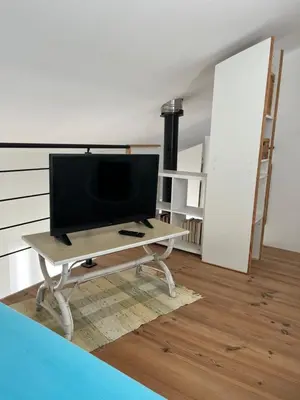 a television on a table in a living room at Helles freundliche Ferienhaus für Naturisten FKK auf Korsika in Linguizzetta