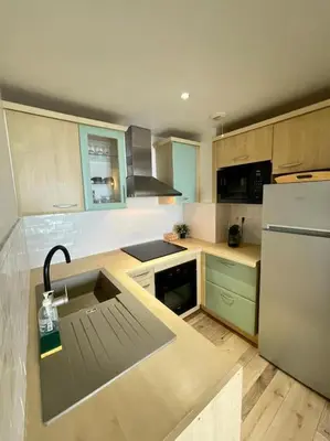a kitchen with a sink and a refrigerator at Magnifique T2 vue Mer Sanguinaires in Ajaccio