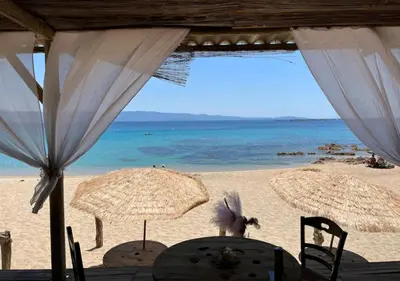 two straw umbrellas on a beach with the ocean at Magnifique T2 vue Mer Sanguinaires in Ajaccio