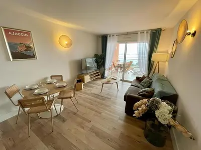 a living room with a couch and a table at Magnifique T2 vue Mer Sanguinaires in Ajaccio