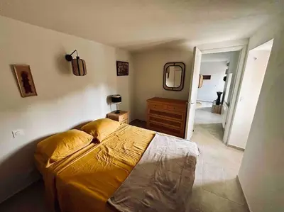 a bedroom with a bed and a dresser and a mirror at Charmant petit appartement place de l eglise in Piana
