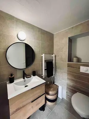 a bathroom with a sink and a toilet and a mirror at Charmant petit appartement place de l eglise in Piana