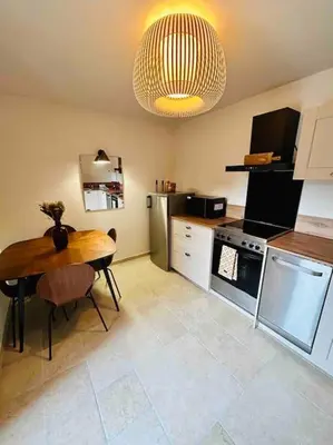 a kitchen with a table and a kitchen with a stove and refrigerator at Charmant petit appartement place de l eglise in Piana