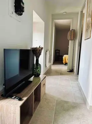 a living room with a flat screen tv on a wooden entertainment center at Charmant petit appartement place de l eglise in Piana