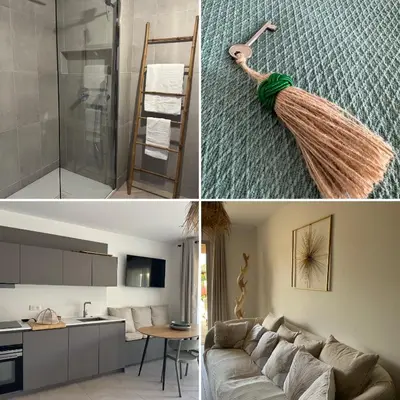 a kitchen and a living room with a couch and a broom at T4 Cala Rossa - 3 Ch - Piscine et Plage à pied in Lecci
