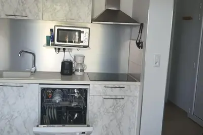 a kitchen with a microwave and a dishwasher at Résidence front de mer + Piscine in Linguizzetta