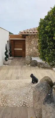 a black bear sitting on the ground in front of a house at villas-majos : Magnifique villa vue mer à 3 minutes des plages in Sainte-Lucie de Porto-Vecchio
