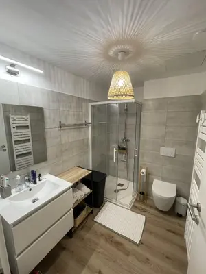 a bathroom with a sink and a shower and a toilet at Tamaricciu di cala rossa in Lecci