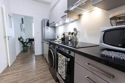 a kitchen with a counter top with a microwave at Cocooning au cœur de la cité Impériale in Ajaccio