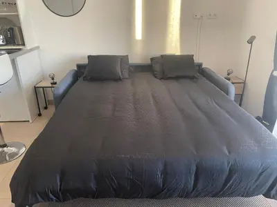 a large bed with two pillows on top of it at Studio design front de mer classé 3 étoiles in Linguizzetta