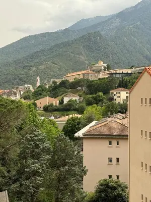 a view of a city with mountains in the background at Appartement T4 in Corte