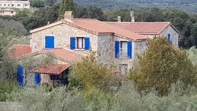 an old stone house with blue shutters at Meublés de Tourisme Casa Erbaggio in Sartène