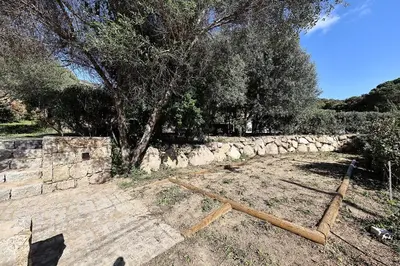 a stone wall and a tree in a yard at L'alivi, Villa Prestige Avec Vue Panoramique in Figari