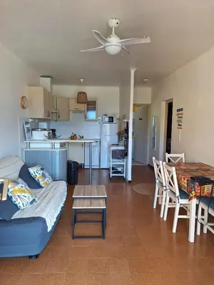 a living room and kitchen with a couch and a table at F2 pieds dans l'eau in Casaglione