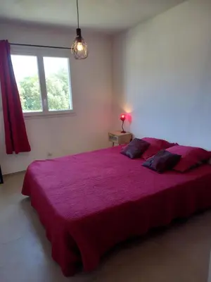 a bedroom with a large bed with a purple blanket at Casa di l Alivetu in Ventiseri