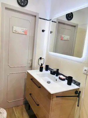 a bathroom with a sink and a mirror and a door at Charmant bonheur en bord de mer in Ghisonaccia
