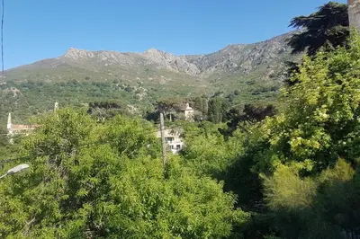 a view of a mountain with a house and trees at Gîte E Curtaline in Speloncato