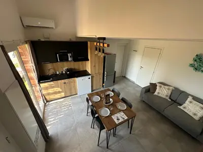 a kitchen with a wooden table with chairs and a refrigerator at Mini Villa 4-6 pers. Les hameaux de Saint Cyprien in Lecci