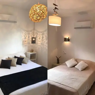 two pictures of a bedroom with a bed and a chandelier at Très belle villa au calme avec piscine à Sagone in Sagone