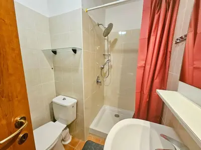 a small bathroom with a toilet and a shower at Casa Johanna, plage et piscine in Moriani Plage