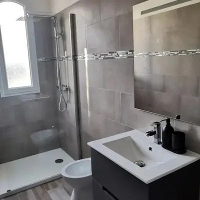a bathroom with a sink and a toilet and a mirror at Appartement entre mer et montagne avec beau jardin in Calenzana