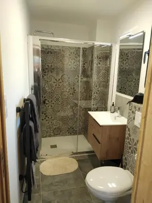 a bathroom with a shower and a toilet and a sink at U MULINU in Moïta