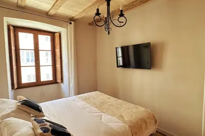 a bedroom with a bed and a tv on the wall at Appartement prestige, cour Paoli in Corte