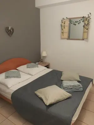 a bedroom with a bed with two pillows and a mirror at Le Francorsicat in Serra-di-Ferro