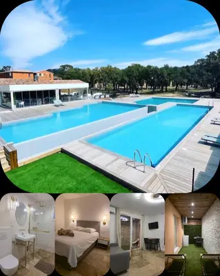 a collage of photos of a large swimming pool at Casa Ghjulia St-Cyprien Rétro Chic in Lecci