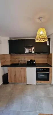 a kitchen with a sink and a microwave at Casa Ghjulia St-Cyprien Rétro Chic in Lecci