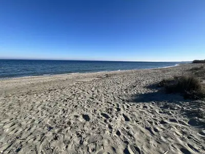 a beach with footprints in the sand and the ocean at Appartement jardin à deux pas de la mer Classé 3 étoiles in Poggio-Mezzana