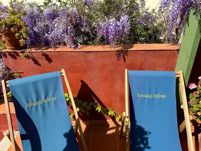 two chairs sitting in a garden with purple flowers at Domaine Victoria in SantʼAntonino