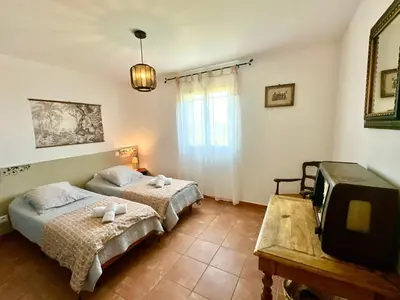 a bedroom with two beds and a tv in it at Domaine Victoria in SantʼAntonino