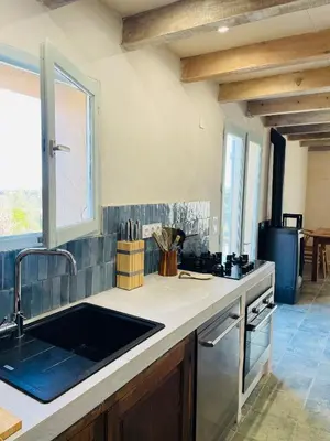 a kitchen with a sink and a counter top at Maison Murato in San-Giuliano