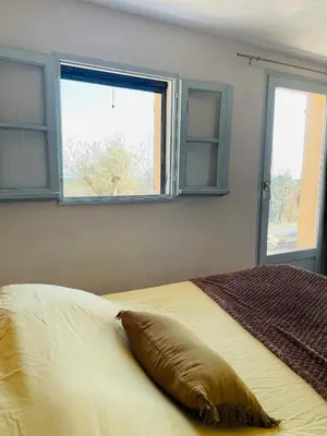 a bed with a pillow in a room with two windows at Maison Murato in San-Giuliano