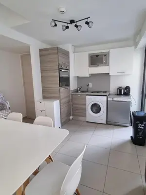 a kitchen with a washer and dryer and a table at MAGNIFIQUE APPARTEMENT LES PIEDS DANS L'EAU PROPRIANO in Propriano