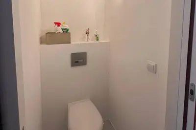 a bathroom with a toilet and a shelf with figurines on it at Appartement 4 pers vue sur la baie de Santa Giulia in Porto-Vecchio