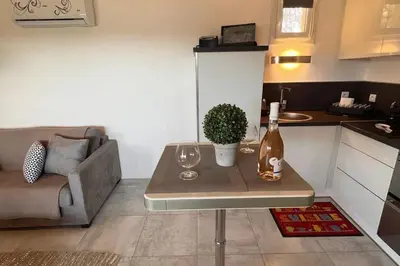 a living room with a table with a bottle and glasses at Appartement 4 pers vue sur la baie de Santa Giulia in Porto-Vecchio