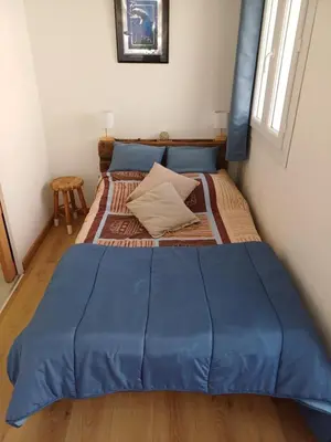 a bedroom with a blue bed in a room at JOLI 2 PIECES SERRIERA in Serriera
